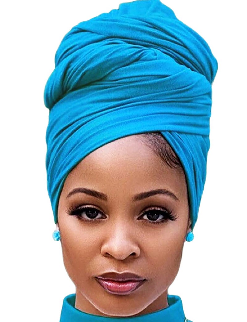 Harewom Hijab Scarfs for Women Head Wrap Long Lightweight Stretchy Muslim Jersey Cover Face for Winter Braid Locs Wig Deep Sky Blue - Image 1